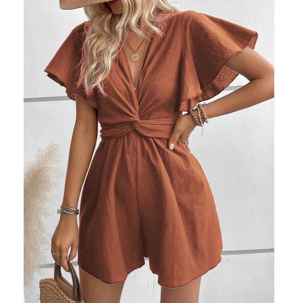 Plunging Neck Butterfly Sleeve Cotton Romper - Picture 1 of 7